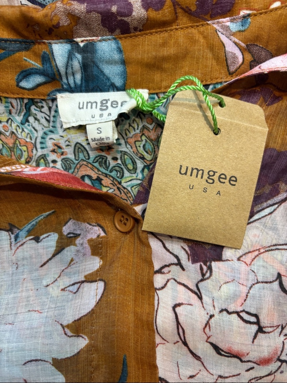 Umgee Mustard Floral V-Neck Button-Front Tunic - Picture 2 of 3